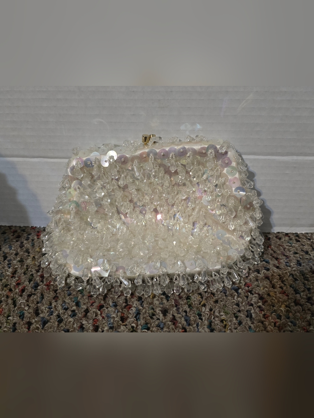 White Clear Beaded Sequined Purse La Regale LTD 1950's Made In Hong Kong Rare